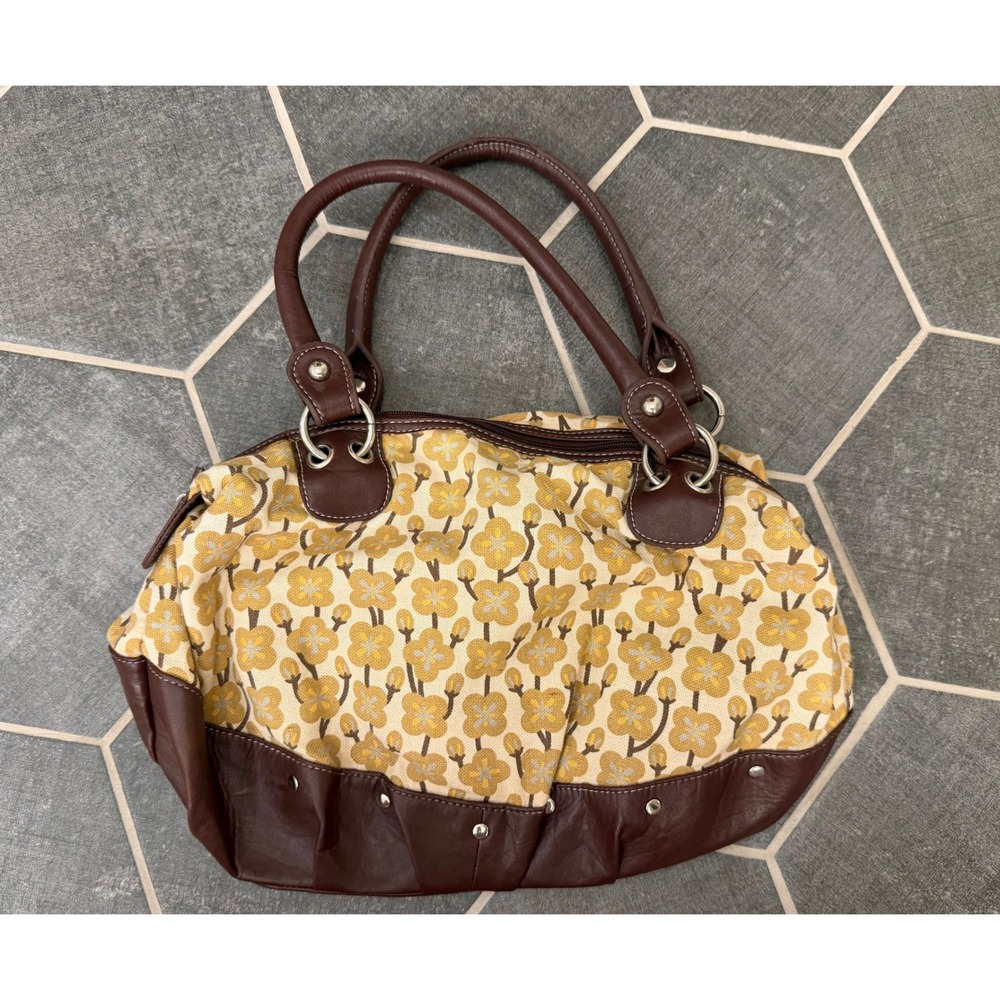 Adam & Alix Yellow Floral Linen Cotton Satchel Handbag Brown Trim Studded Bottom